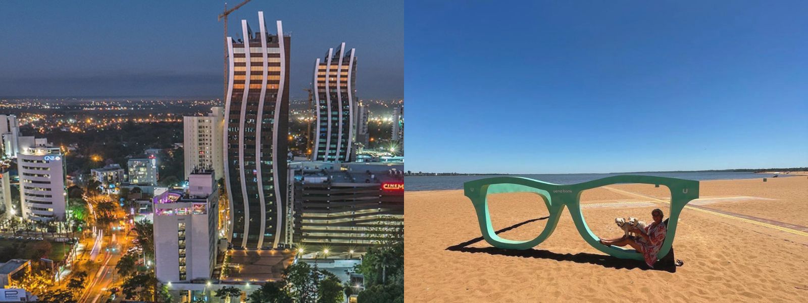 Stadt und Land in Paraguay: Skyline von Asunción bei Nacht und Strand am Paraná in Encarnación